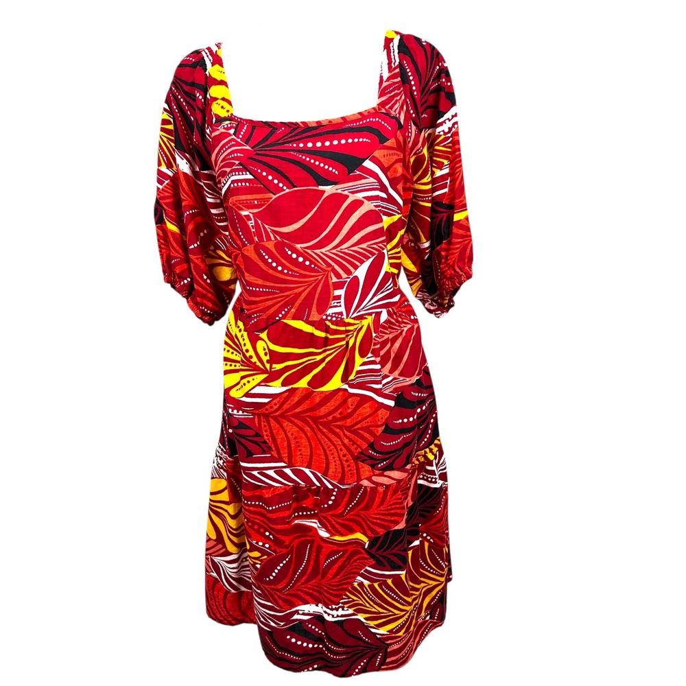 Mlle Gabrielle Red Tropical Leaf Print Cotton Tiered Midi Dress 1X Plus Boho